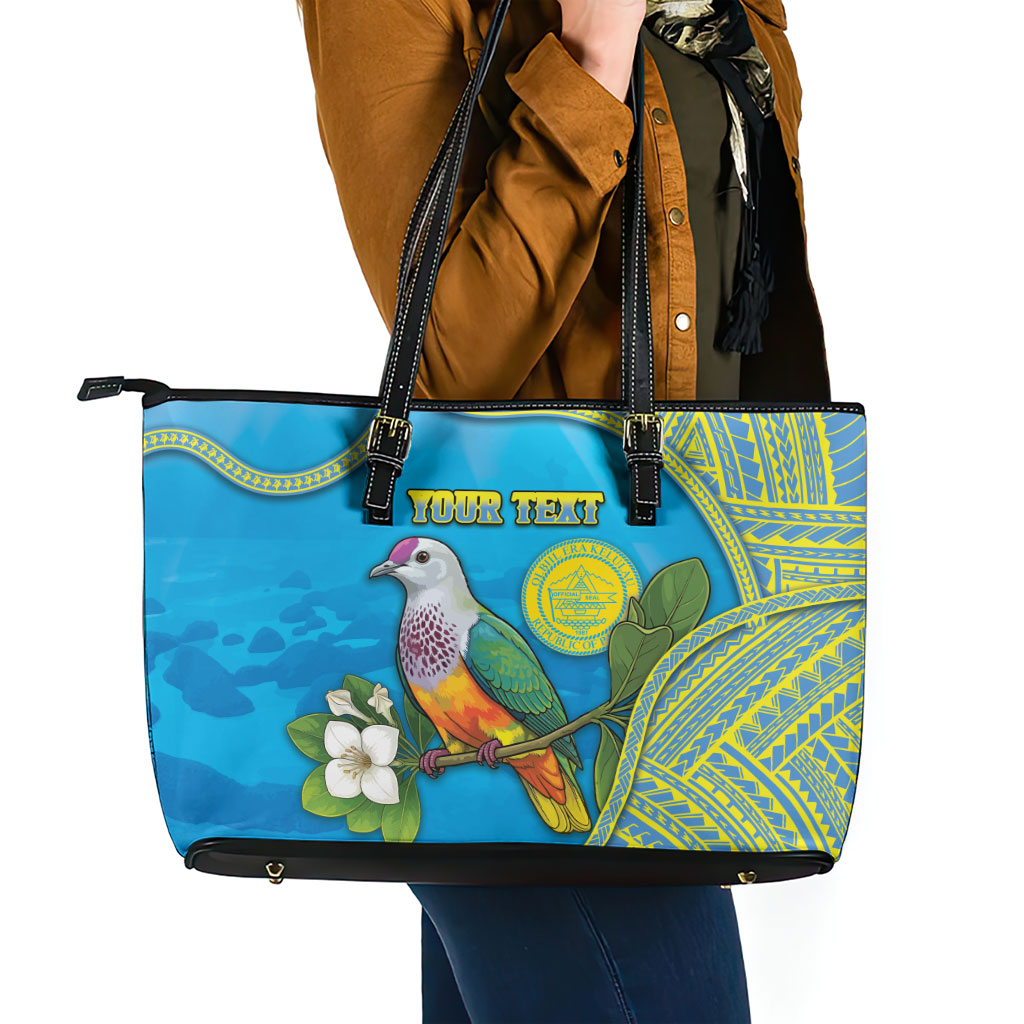 Personalised Palau Biib Bird Leather Tote Bag Rur Flower And Rock Islands Patterns