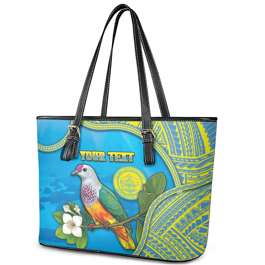 Personalised Palau Biib Bird Leather Tote Bag Rur Flower And Rock Islands Patterns