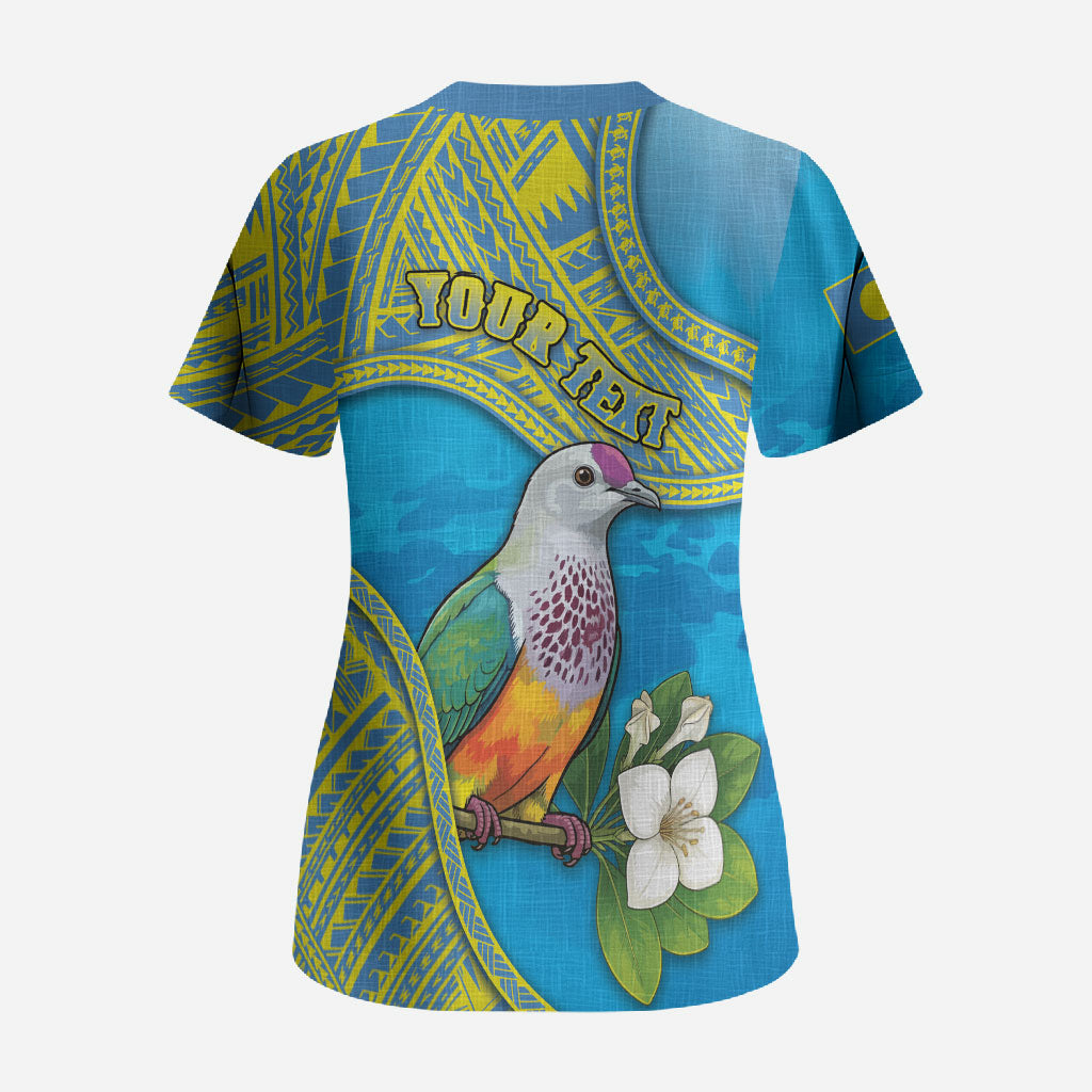 Personalised Palau Biib Bird Scrub Top Rur Flower And Rock Islands Patterns