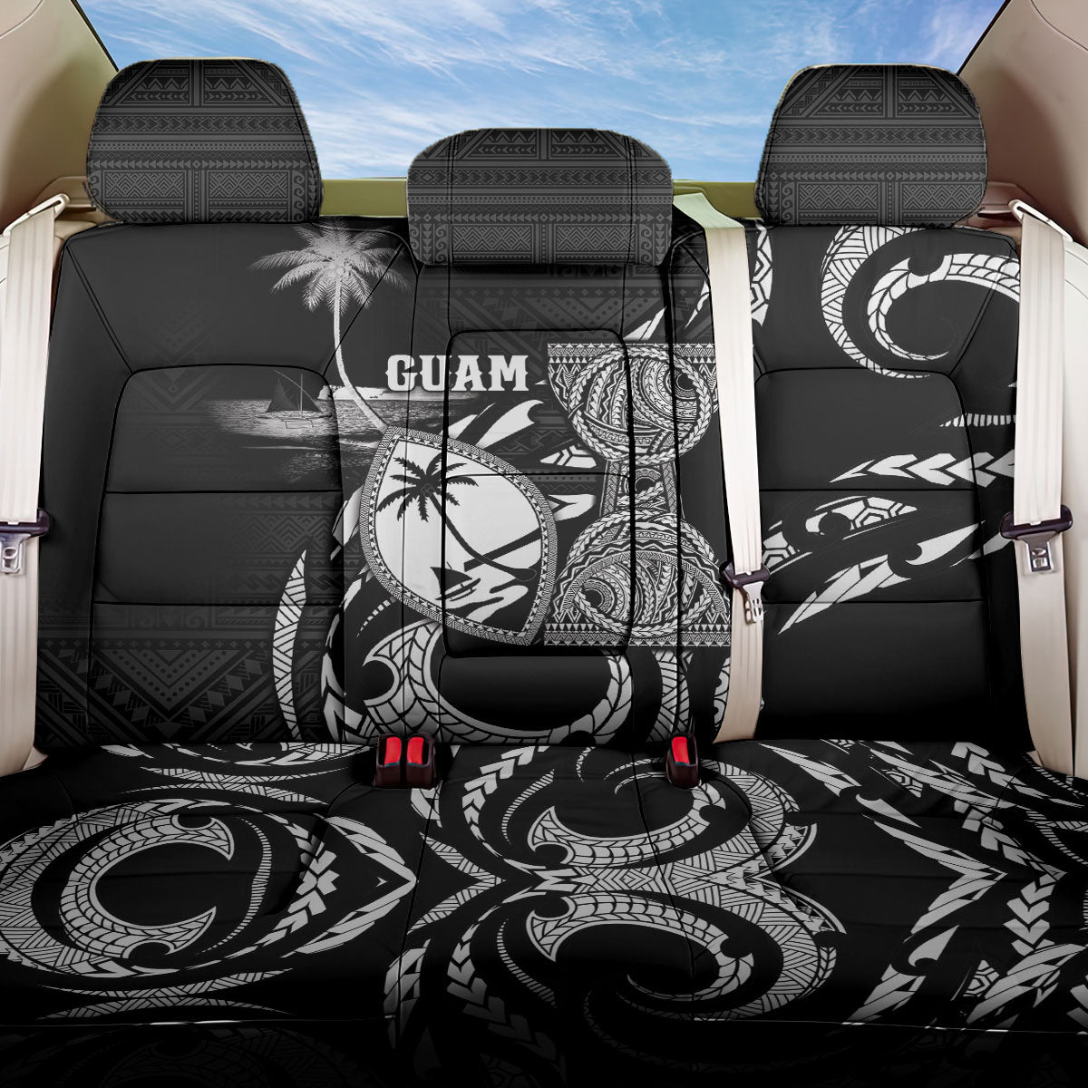 Guam Liberation Day Back Car Seat Cover Black White Latte Stone Tribal Patterns