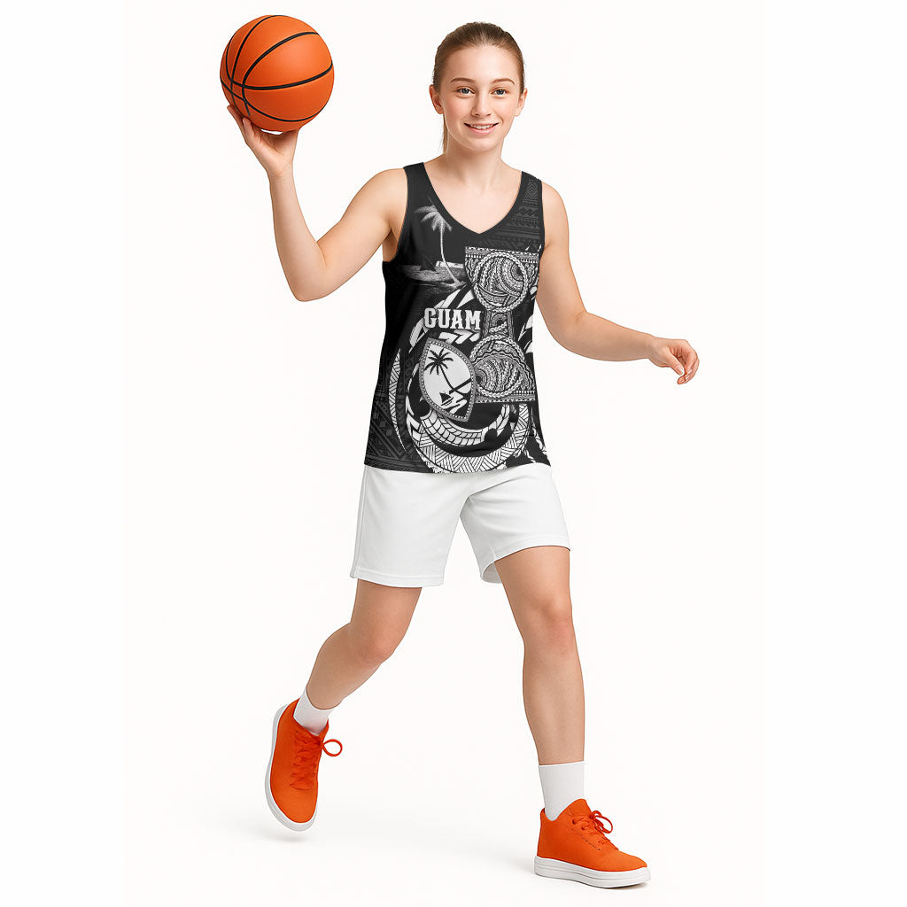 Personalised Guam Liberation Day Basketball Jersey Black White Latte Stone Tribal Patterns