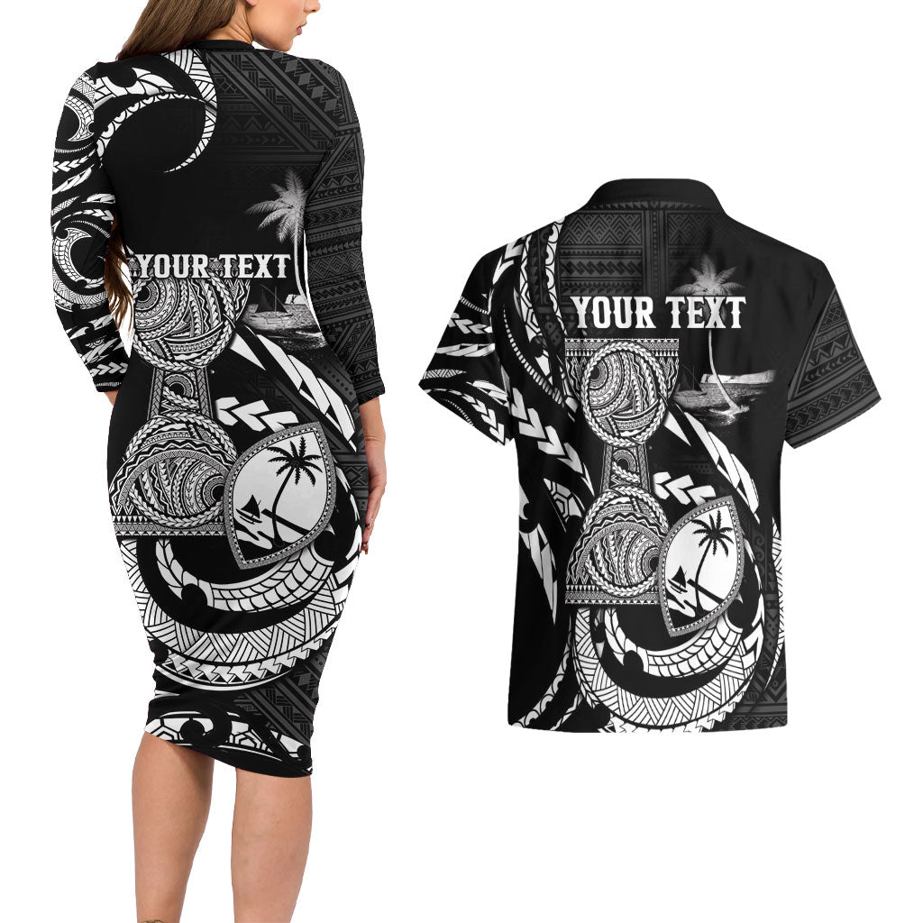 Personalised Guam Liberation Day Couples Matching Long Sleeve Bodycon Dress and Hawaiian Shirt Black White Latte Stone Tribal Patterns