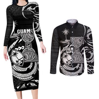 Personalised Guam Liberation Day Couples Matching Long Sleeve Bodycon Dress and Long Sleeve Button Shirt Black White Latte Stone Tribal Patterns