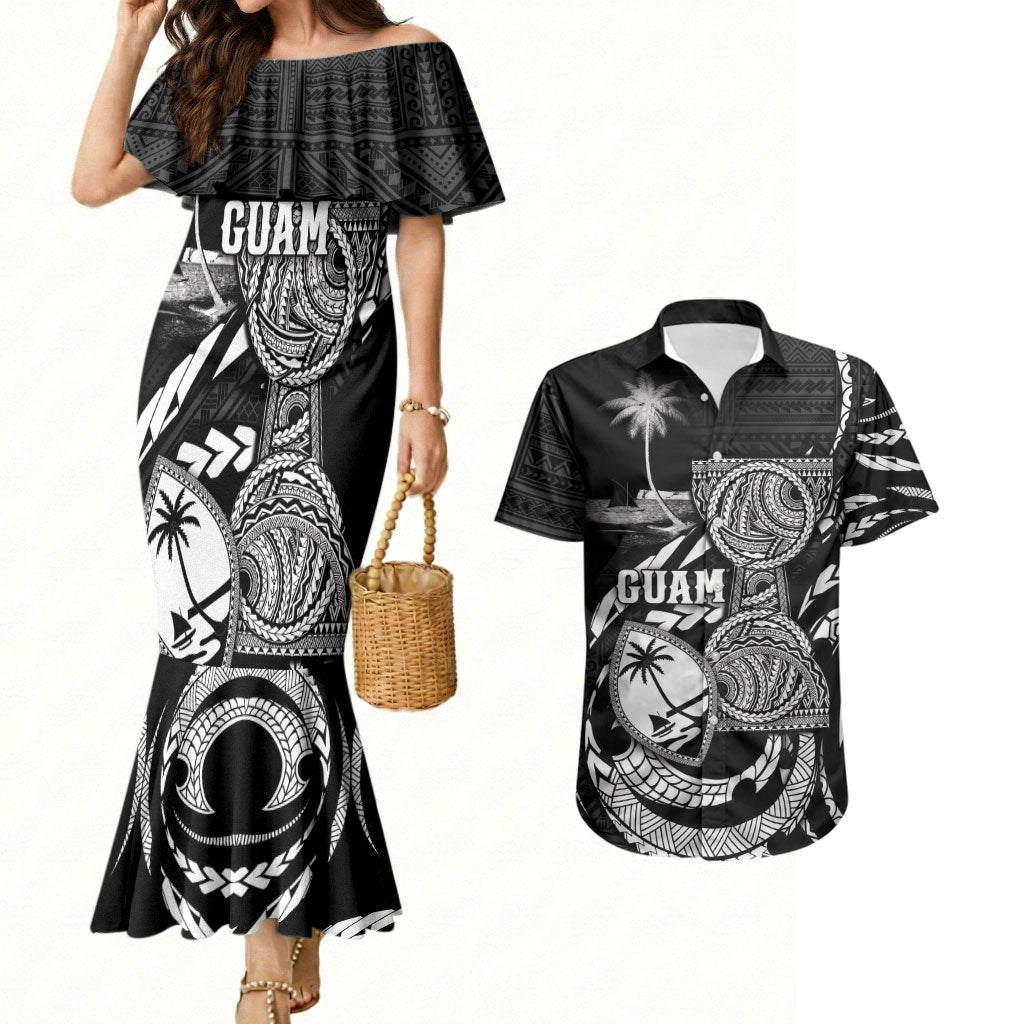 Personalised Guam Liberation Day Couples Matching Mermaid Dress and Hawaiian Shirt Black White Latte Stone Tribal Patterns DT05 Black - Polynesian Pride