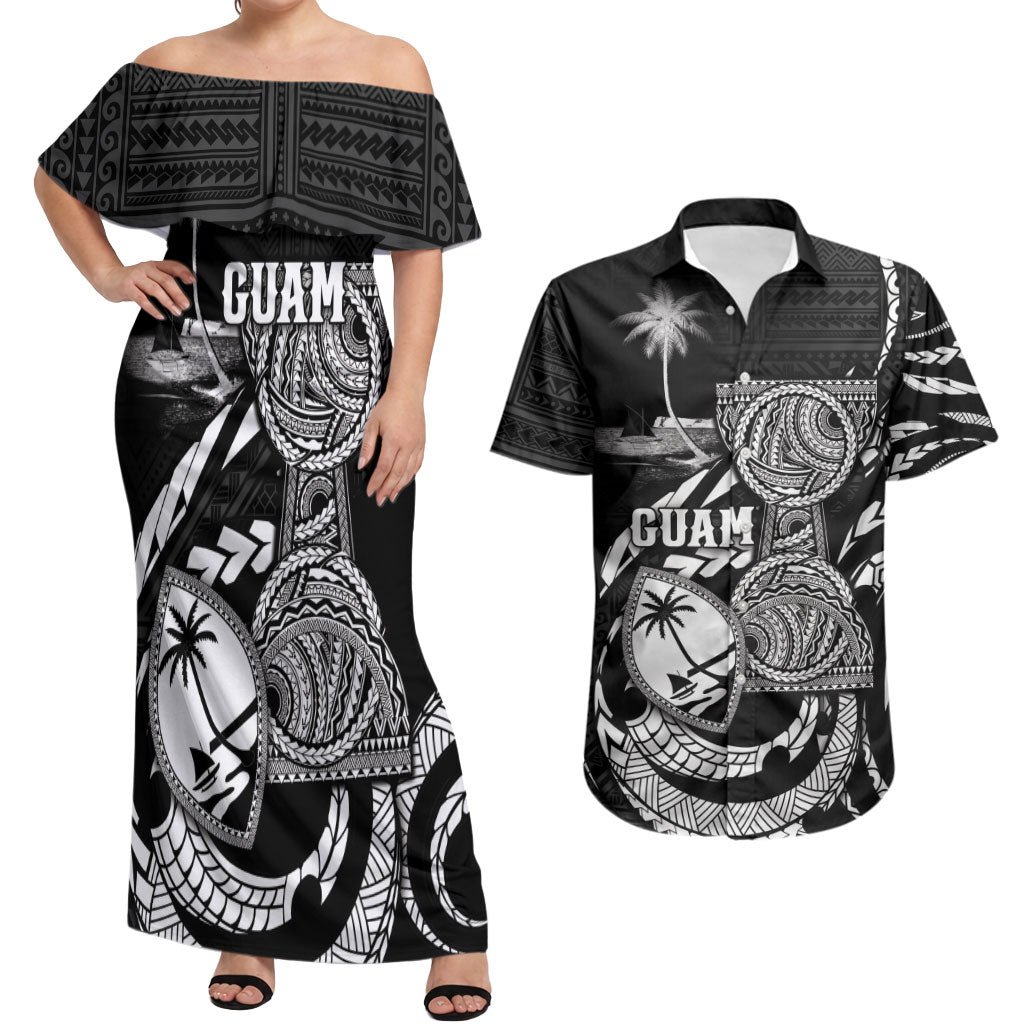 Personalised Guam Liberation Day Couples Matching Off Shoulder Maxi Dress and Hawaiian Shirt Black White Latte Stone Tribal Patterns DT05 Black - Polynesian Pride