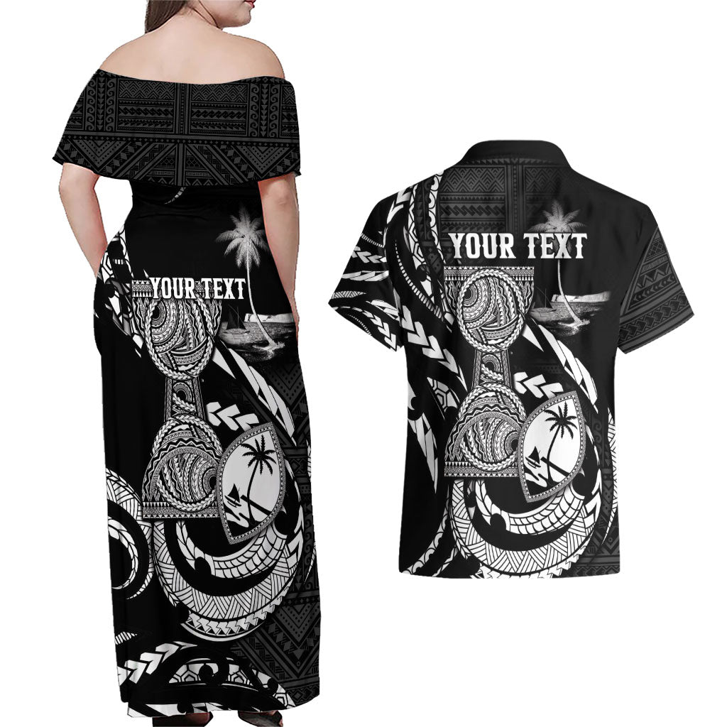 Personalised Guam Liberation Day Couples Matching Off Shoulder Maxi Dress and Hawaiian Shirt Black White Latte Stone Tribal Patterns
