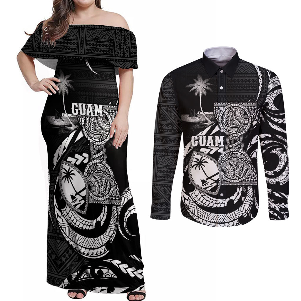 Personalised Guam Liberation Day Couples Matching Off Shoulder Maxi Dress and Long Sleeve Button Shirt Black White Latte Stone Tribal Patterns