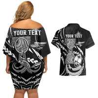 Personalised Guam Liberation Day Couples Matching Off Shoulder Short Dress and Hawaiian Shirt Black White Latte Stone Tribal Patterns