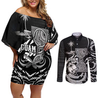Personalised Guam Liberation Day Couples Matching Off Shoulder Short Dress and Long Sleeve Button Shirt Black White Latte Stone Tribal Patterns