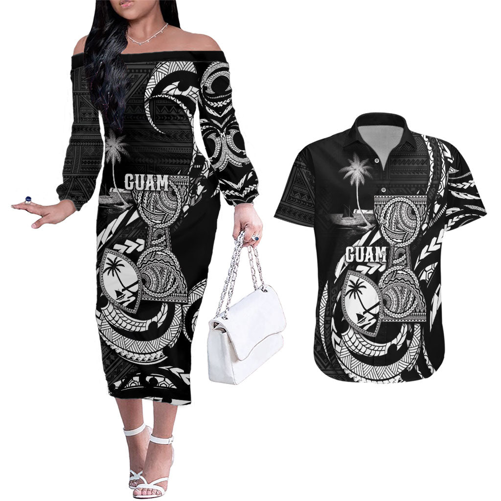 Personalised Guam Liberation Day Couples Matching Off The Shoulder Long Sleeve Dress and Hawaiian Shirt Black White Latte Stone Tribal Patterns