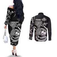 Personalised Guam Liberation Day Couples Matching Off The Shoulder Long Sleeve Dress and Long Sleeve Button Shirt Black White Latte Stone Tribal Patterns