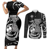 Personalised Guam Liberation Day Couples Matching Short Sleeve Bodycon Dress and Long Sleeve Button Shirt Black White Latte Stone Tribal Patterns
