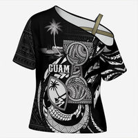 Personalised Guam Liberation Day Cross Shoulder Shirt Black White Latte Stone Tribal Patterns