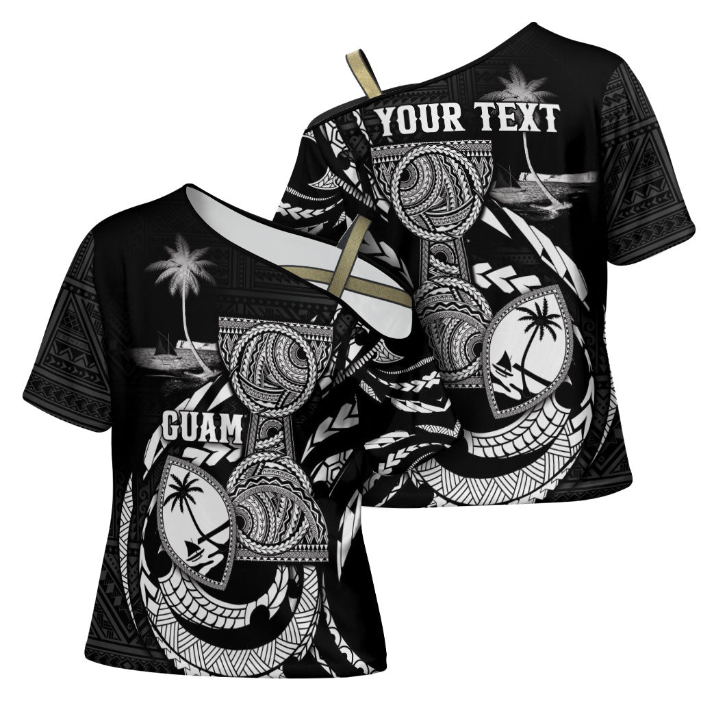 Personalised Guam Liberation Day Cross Shoulder Shirt Black White Latte Stone Tribal Patterns