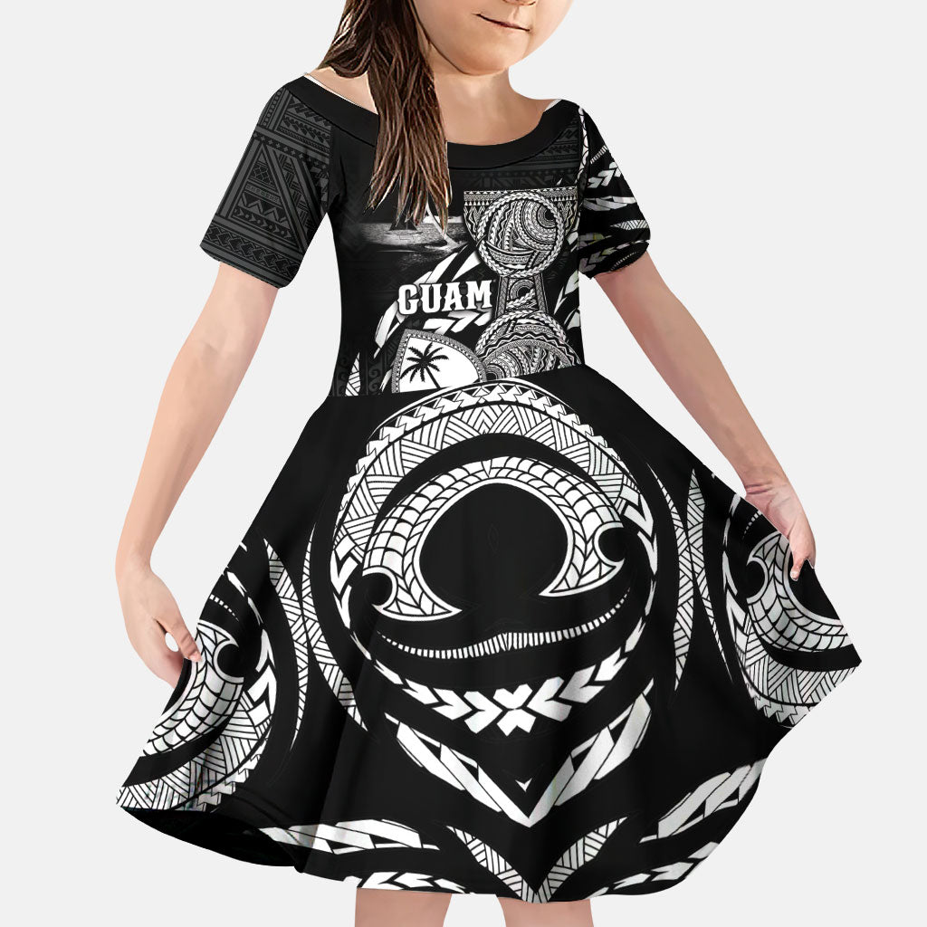 Personalised Guam Liberation Day Family Matching Long Sleeve Bodycon Dress and Hawaiian Shirt Black White Latte Stone Tribal Patterns
