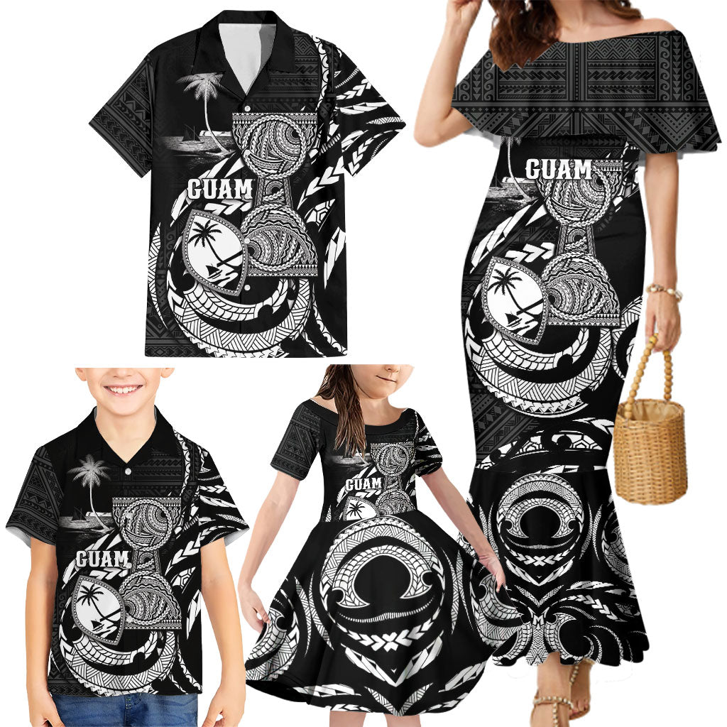 Personalised Guam Liberation Day Family Matching Mermaid Dress and Hawaiian Shirt Black White Latte Stone Tribal Patterns