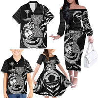 Personalised Guam Liberation Day Family Matching Off The Shoulder Long Sleeve Dress and Hawaiian Shirt Black White Latte Stone Tribal Patterns