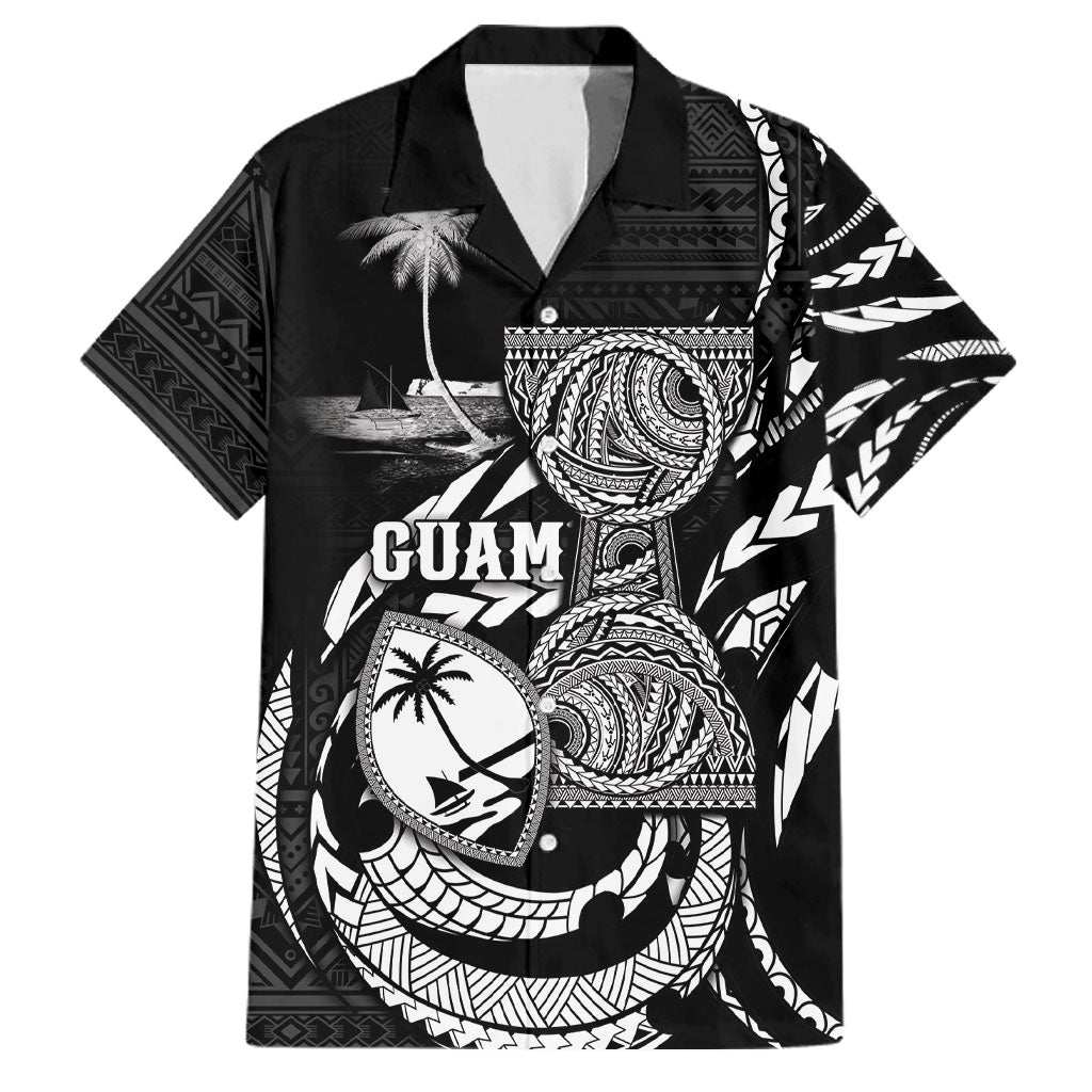 Personalised Guam Liberation Day Family Matching Off Shoulder Short Dress and Hawaiian Shirt Black White Latte Stone Tribal Patterns