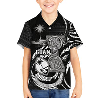 Personalised Guam Liberation Day Family Matching Off Shoulder Short Dress and Hawaiian Shirt Black White Latte Stone Tribal Patterns