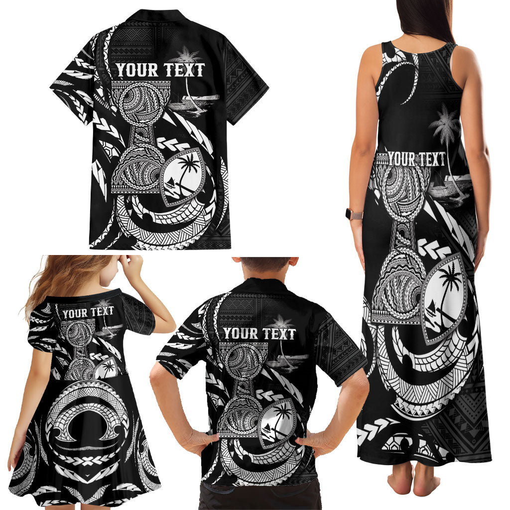 Personalised Guam Liberation Day Family Matching Tank Maxi Dress and Hawaiian Shirt Black White Latte Stone Tribal Patterns