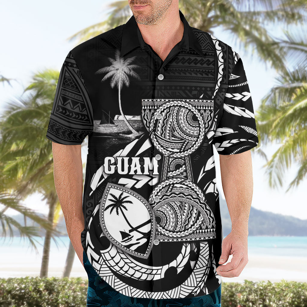 Personalised Guam Liberation Day Hawaiian Shirt Black White Latte Stone Tribal Patterns