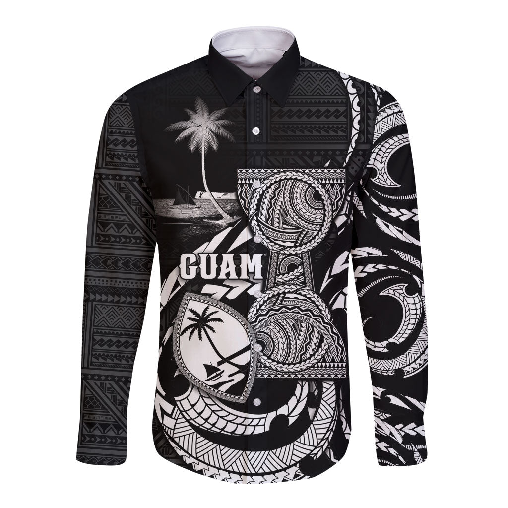 Personalised Guam Liberation Day Long Sleeve Button Shirt Black White Latte Stone Tribal Patterns