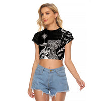 Personalised Guam Liberation Day Raglan Cropped T Shirt Black White Latte Stone Tribal Patterns