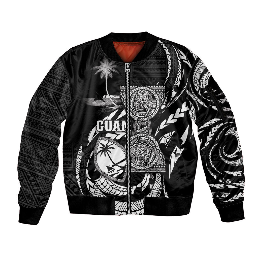 Personalised Guam Liberation Day Sleeve Zip Bomber Jacket Black White Latte Stone Tribal Patterns