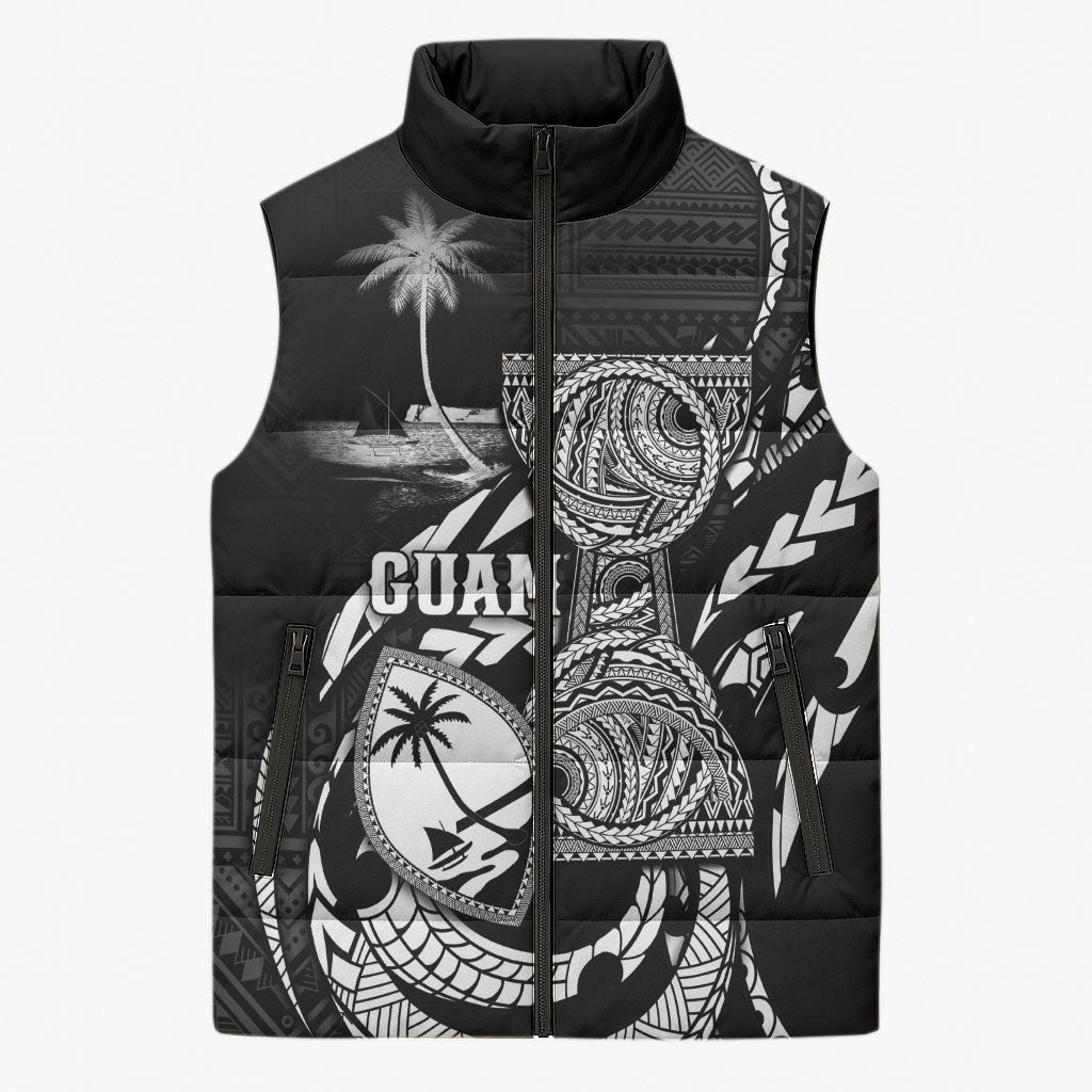 Personalised Guam Liberation Day Sleeveless Puffer Jacket Black White Latte Stone Tribal Patterns