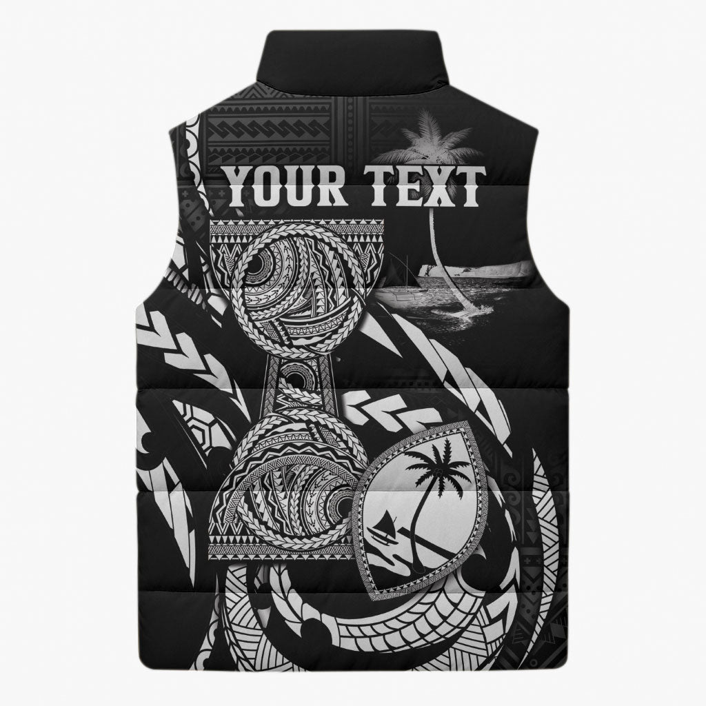 Personalised Guam Liberation Day Sleeveless Puffer Jacket Black White Latte Stone Tribal Patterns