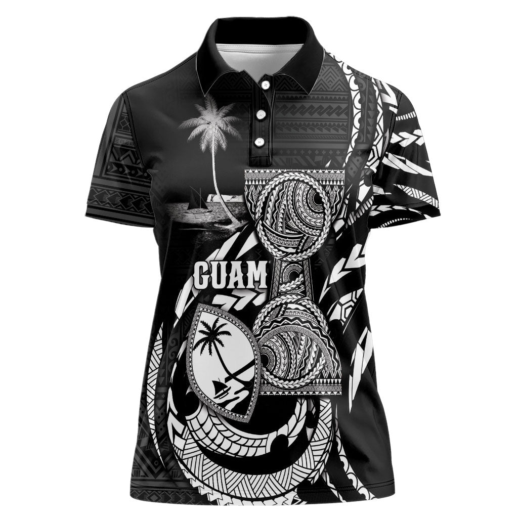 Personalised Guam Liberation Day Women Polo Shirt Black White Latte Stone Tribal Patterns