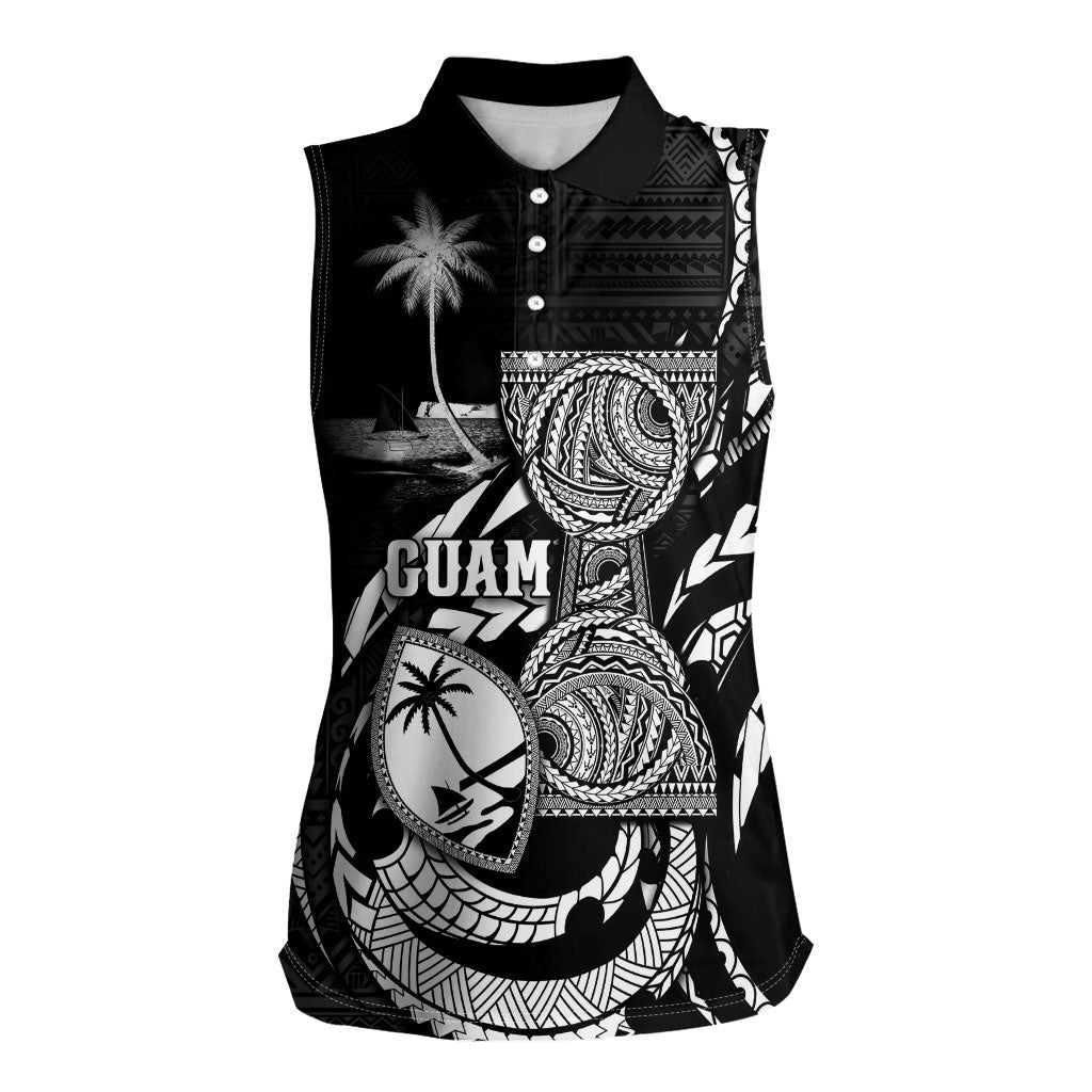 Personalised Guam Liberation Day Women Sleeveless Polo Shirt Black White Latte Stone Tribal Patterns