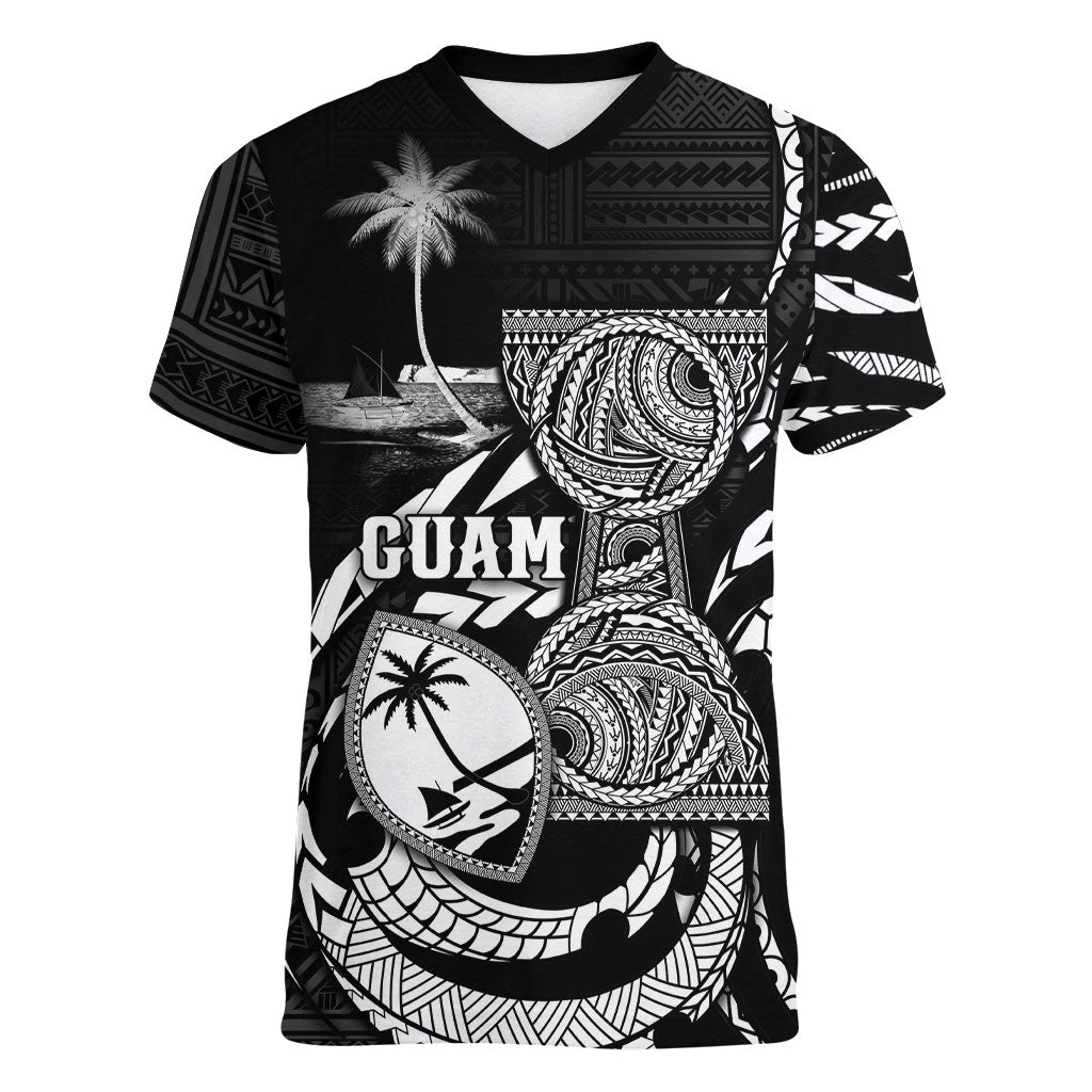 Personalised Guam Liberation Day Women V-Neck T-Shirt Black White Latte Stone Tribal Patterns