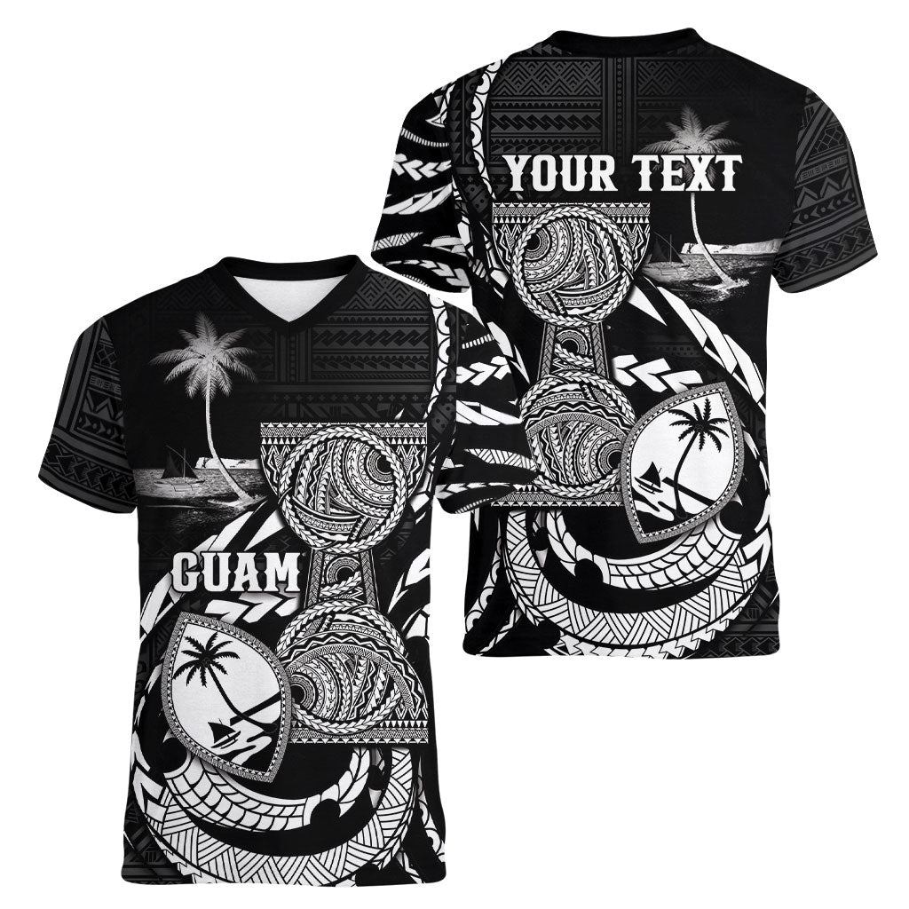 Personalised Guam Liberation Day Women V-Neck T-Shirt Black White Latte Stone Tribal Patterns