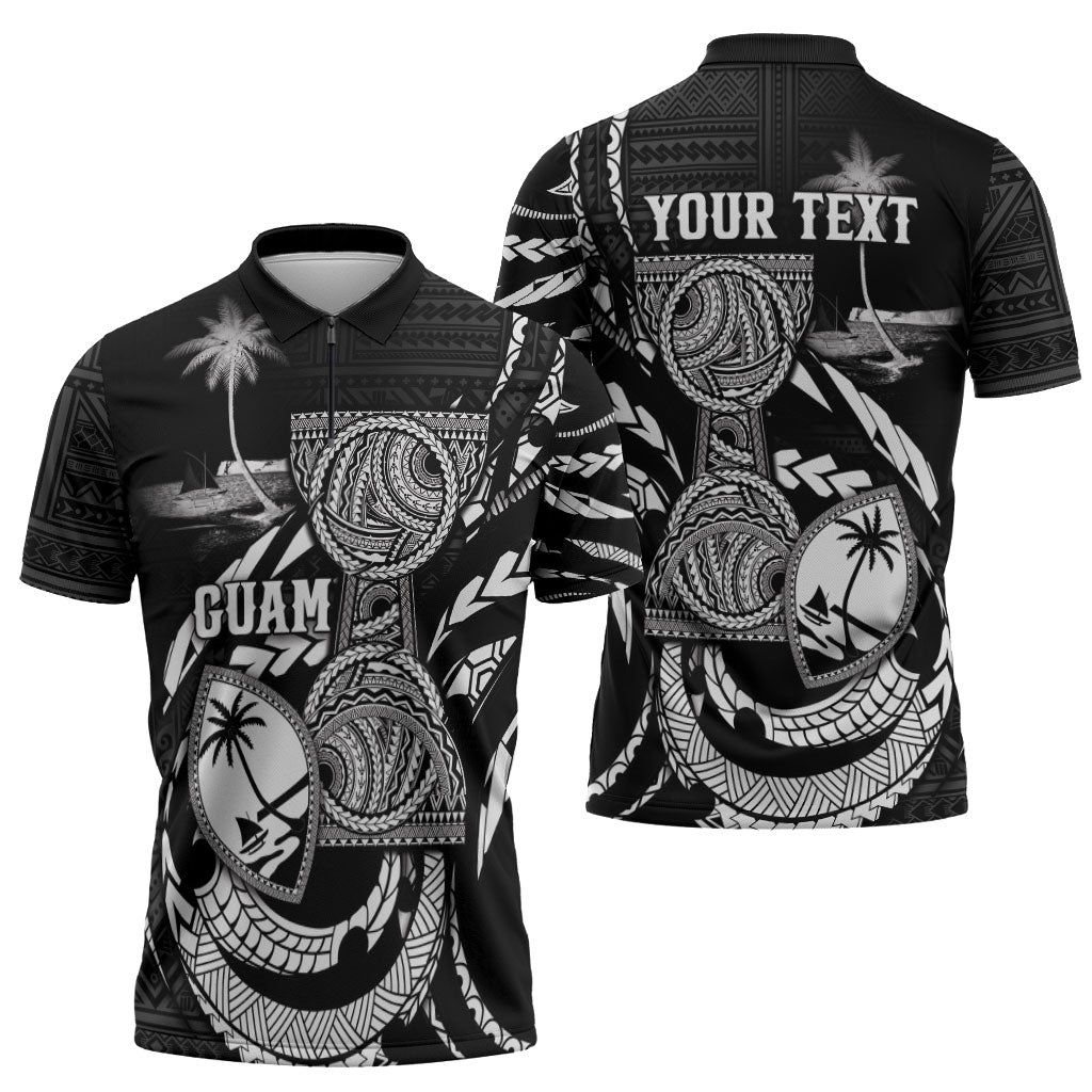Personalised Guam Liberation Day Zipper Polo Shirt Black White Latte Stone Tribal Patterns