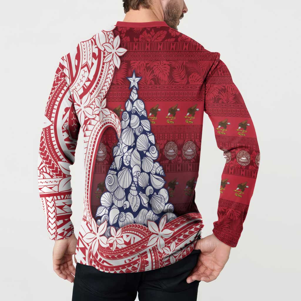American Samoa Christmas Button Sweatshirt Seashell Xmas Tree Tribal Waves - Polynesian Pride