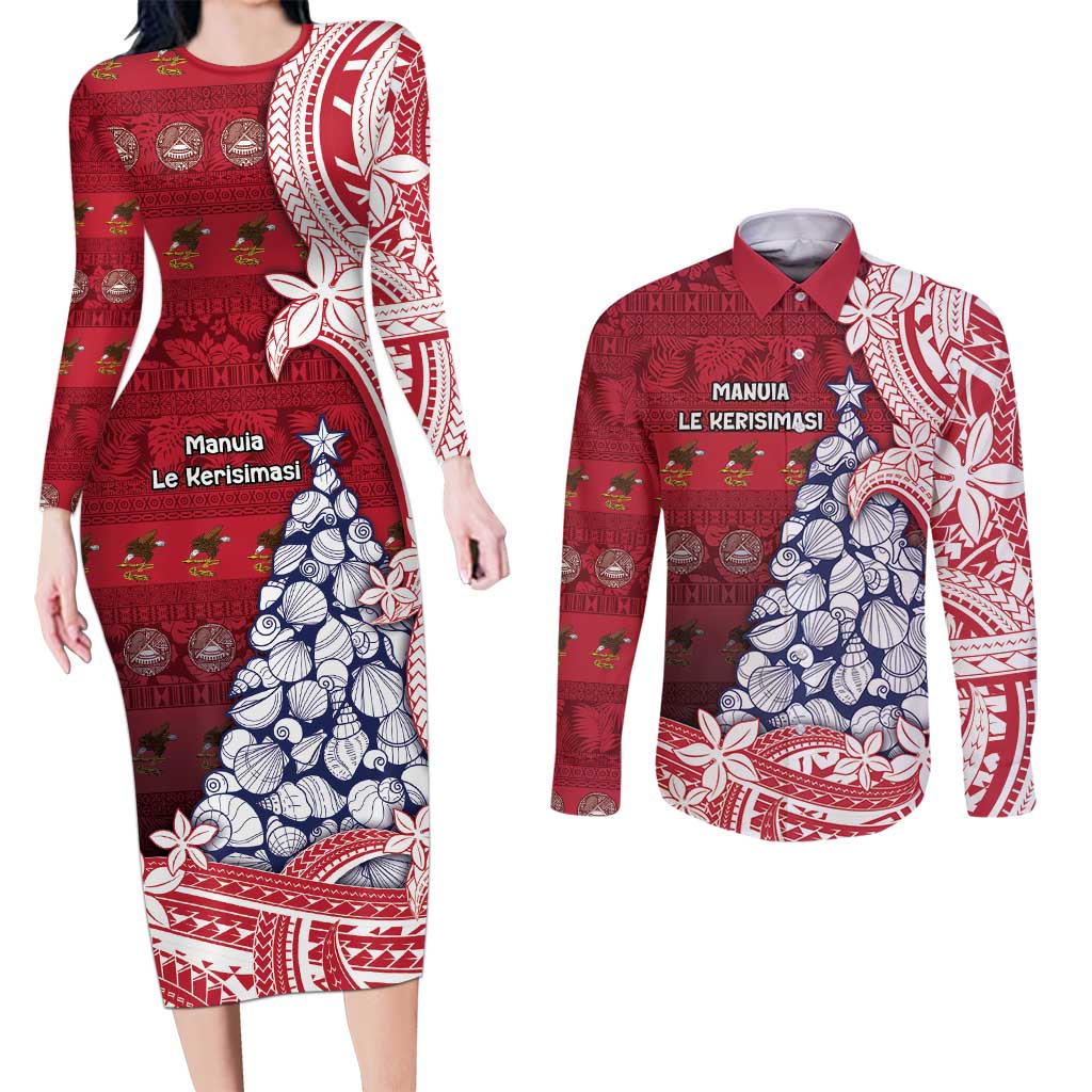 American Samoa Christmas Couples Matching Long Sleeve Bodycon Dress and Long Sleeve Button Shirt Seashell Xmas Tree Tribal Waves - Polynesian Pride