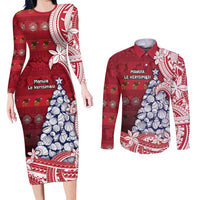 American Samoa Christmas Couples Matching Long Sleeve Bodycon Dress and Long Sleeve Button Shirt Seashell Xmas Tree Tribal Waves - Polynesian Pride