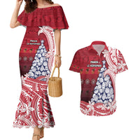 American Samoa Christmas Couples Matching Mermaid Dress and Hawaiian Shirt Seashell Xmas Tree Tribal Waves - Polynesian Pride