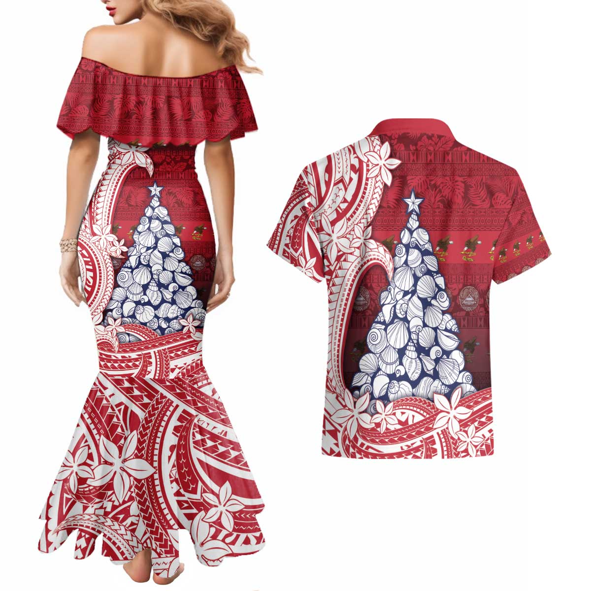 American Samoa Christmas Couples Matching Mermaid Dress and Hawaiian Shirt Seashell Xmas Tree Tribal Waves - Polynesian Pride