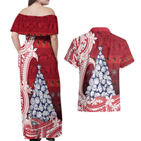 American Samoa Christmas Couples Matching Off Shoulder Maxi Dress and Hawaiian Shirt Seashell Xmas Tree Tribal Waves - Polynesian Pride
