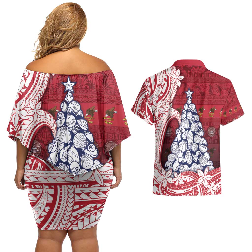 American Samoa Christmas Couples Matching Off Shoulder Short Dress and Hawaiian Shirt Seashell Xmas Tree Tribal Waves - Polynesian Pride