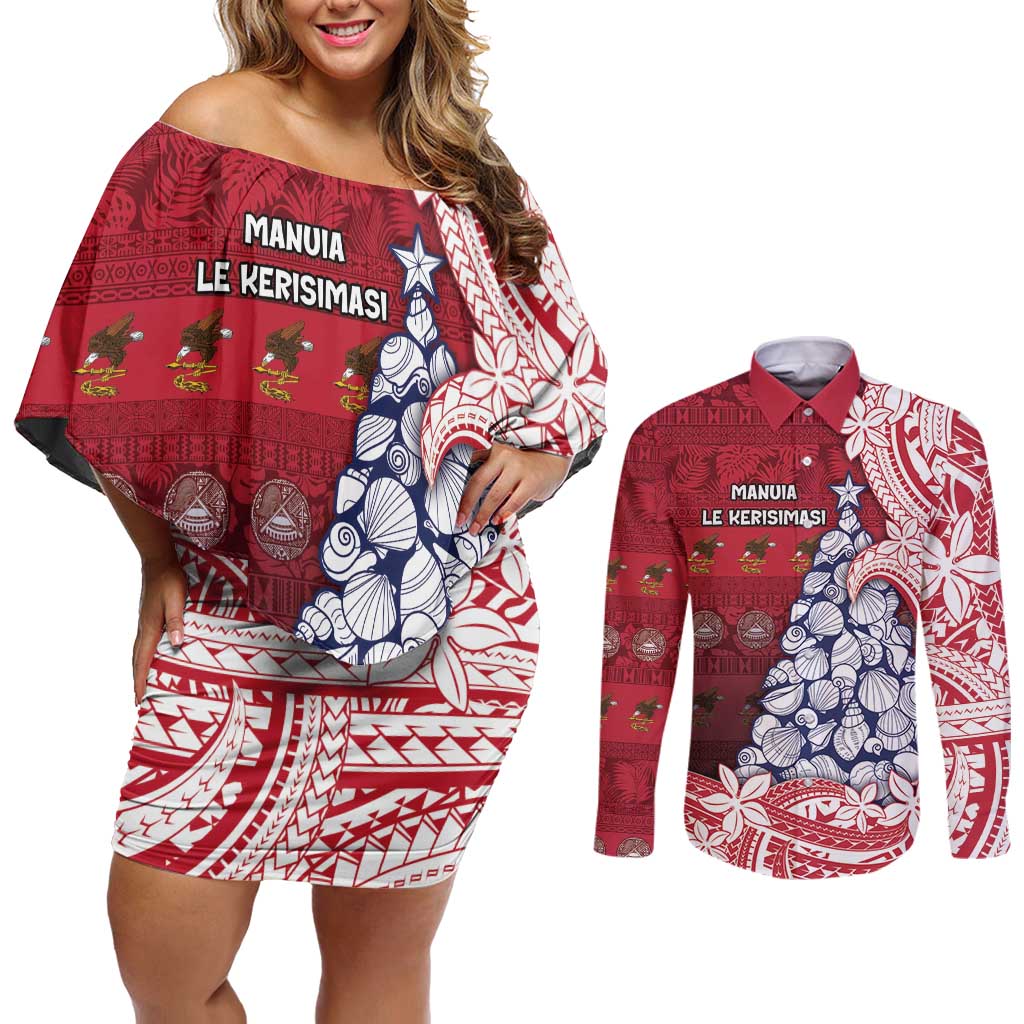 American Samoa Christmas Couples Matching Off Shoulder Short Dress and Long Sleeve Button Shirt Seashell Xmas Tree Tribal Waves - Polynesian Pride