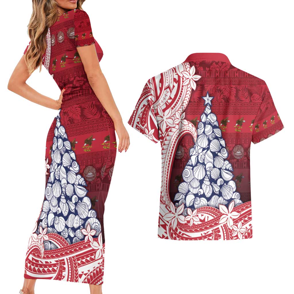 American Samoa Christmas Couples Matching Short Sleeve Bodycon Dress and Hawaiian Shirt Seashell Xmas Tree Tribal Waves - Polynesian Pride