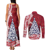 American Samoa Christmas Couples Matching Tank Maxi Dress and Long Sleeve Button Shirt Seashell Xmas Tree Tribal Waves - Polynesian Pride