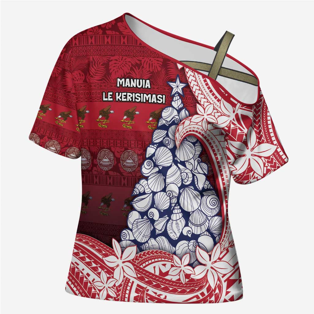 American Samoa Christmas Cross Shoulder Shirt Seashell Xmas Tree Tribal Waves - Polynesian Pride