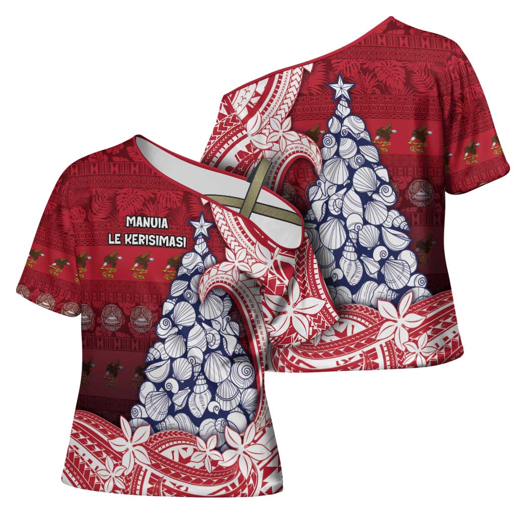 American Samoa Christmas Cross Shoulder Shirt Seashell Xmas Tree Tribal Waves - Polynesian Pride