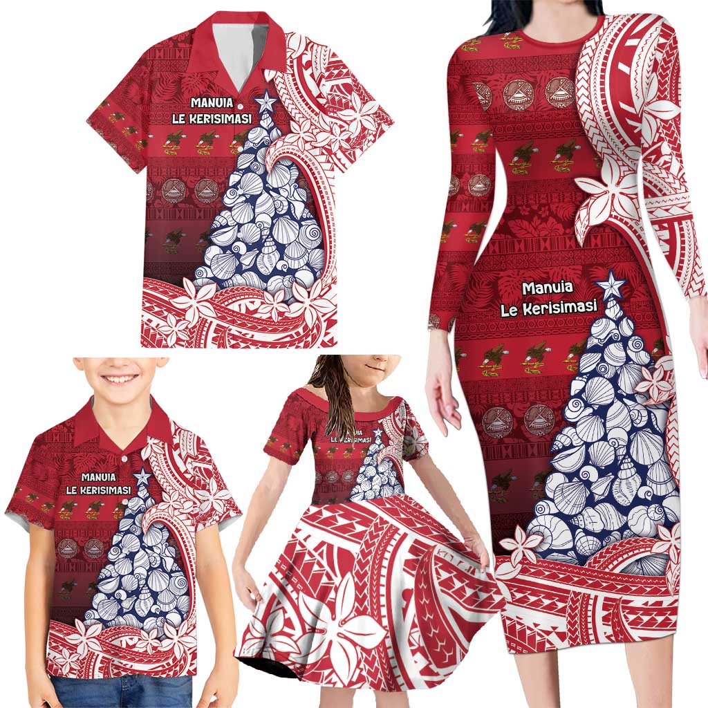 American Samoa Christmas Family Matching Long Sleeve Bodycon Dress and Hawaiian Shirt Seashell Xmas Tree Tribal Waves - Polynesian Pride