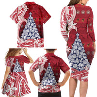 American Samoa Christmas Family Matching Long Sleeve Bodycon Dress and Hawaiian Shirt Seashell Xmas Tree Tribal Waves - Polynesian Pride
