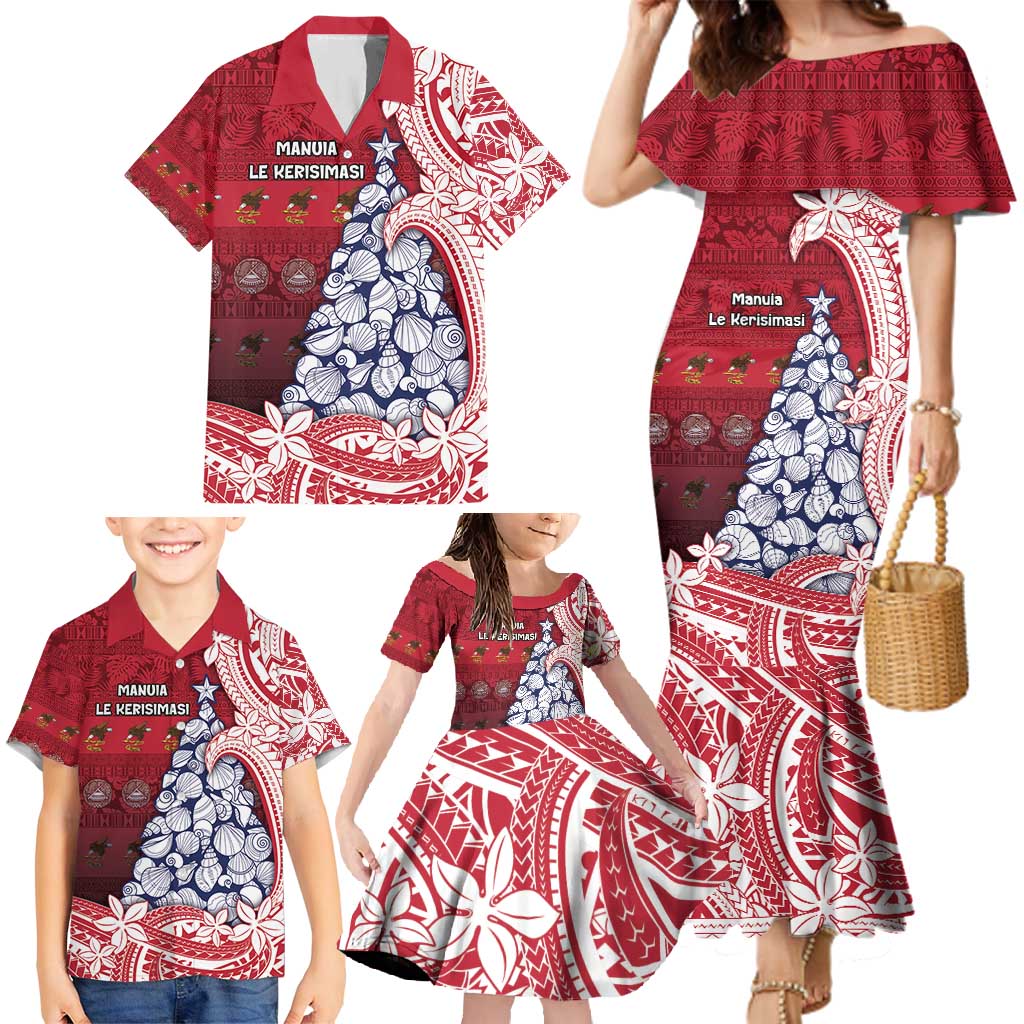 American Samoa Christmas Family Matching Mermaid Dress and Hawaiian Shirt Seashell Xmas Tree Tribal Waves - Polynesian Pride